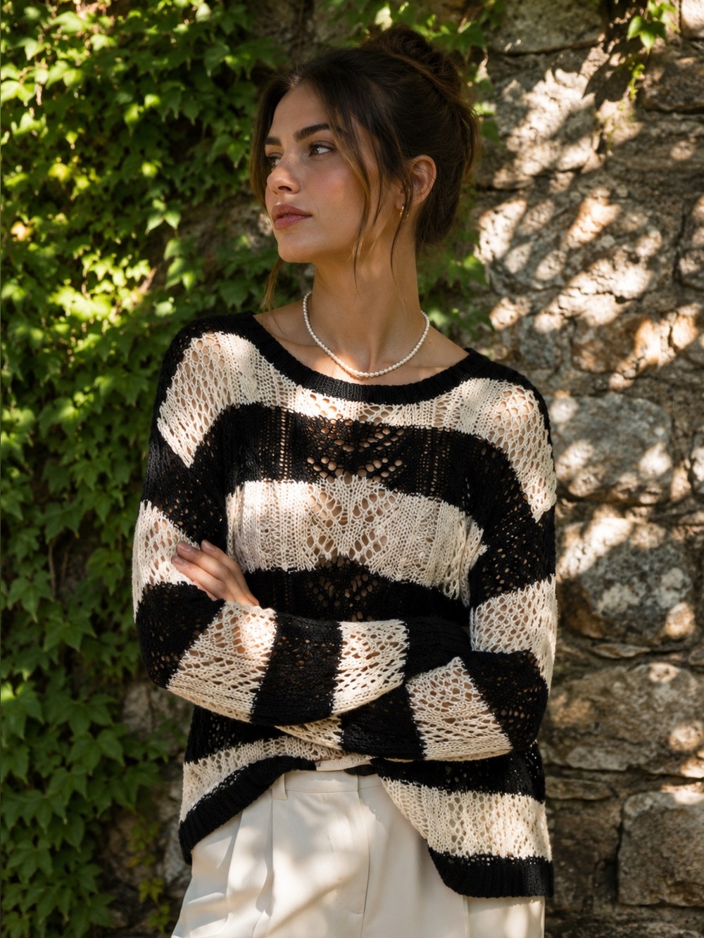 ROMEO & JULIET COUTURE Lightweight Tan and Black Open Crochet Striped Sweater, M